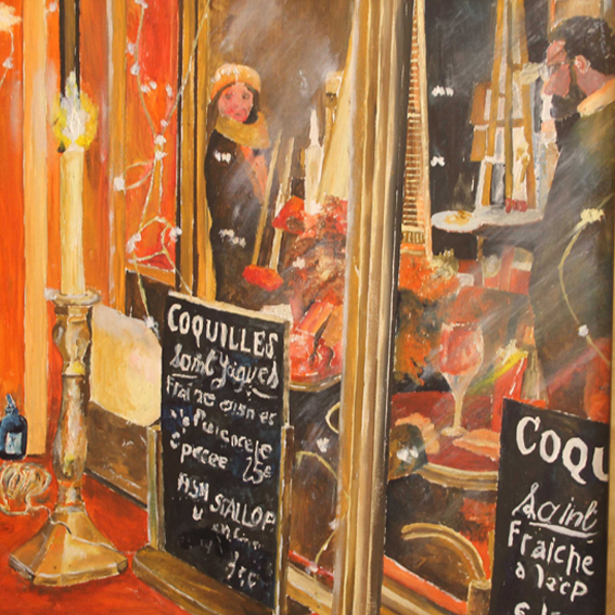 original painting of a Paris cafe scene looking through the window and a person looking out