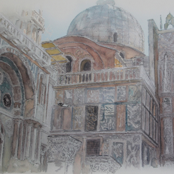 Detailed ink drawing of cathedral in Venice