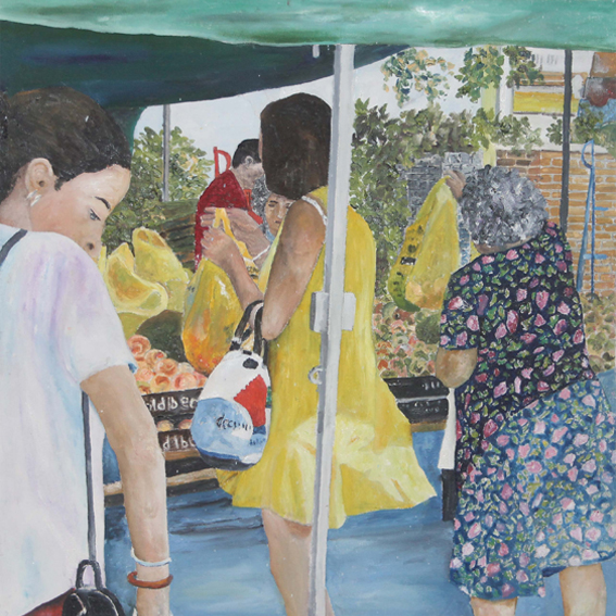 painting of a local market in Alcala La Real in Andalucia, Spain