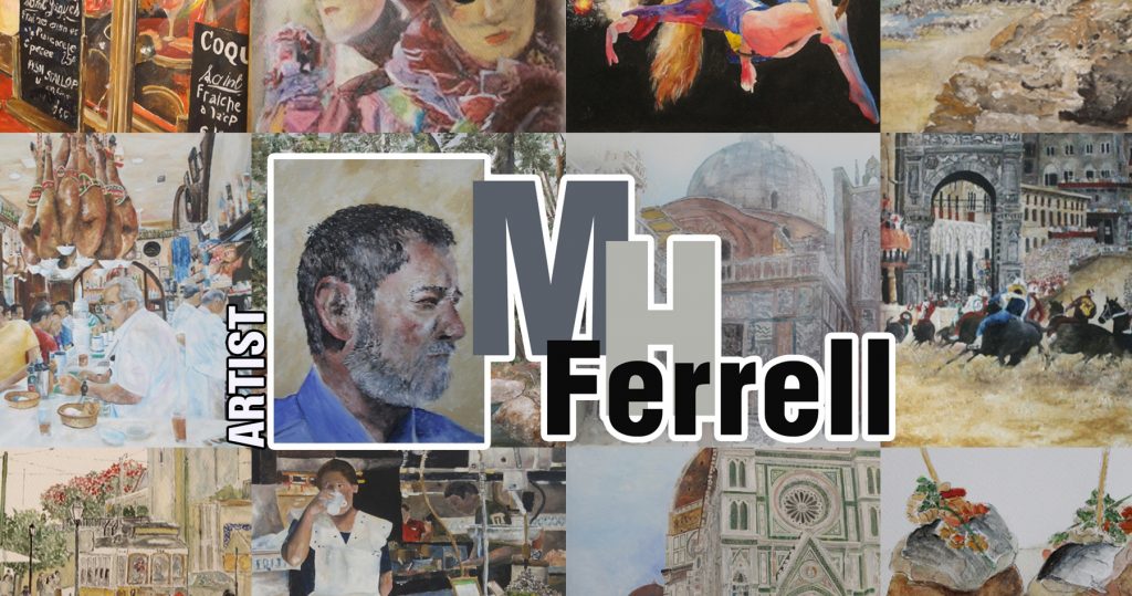 Artist in Spain, Mike Ferrell and a collage of some of his original paintings